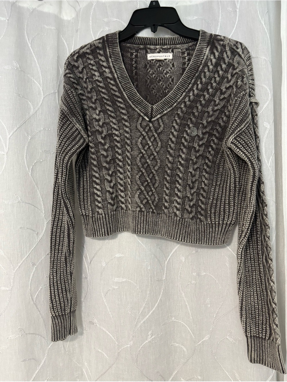 Aeropostale Women's Charcoal Cable Knit V-Neck Sweater